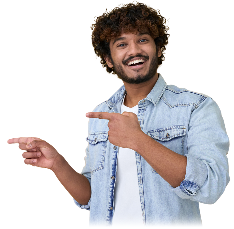 Person in denim jacket pointing